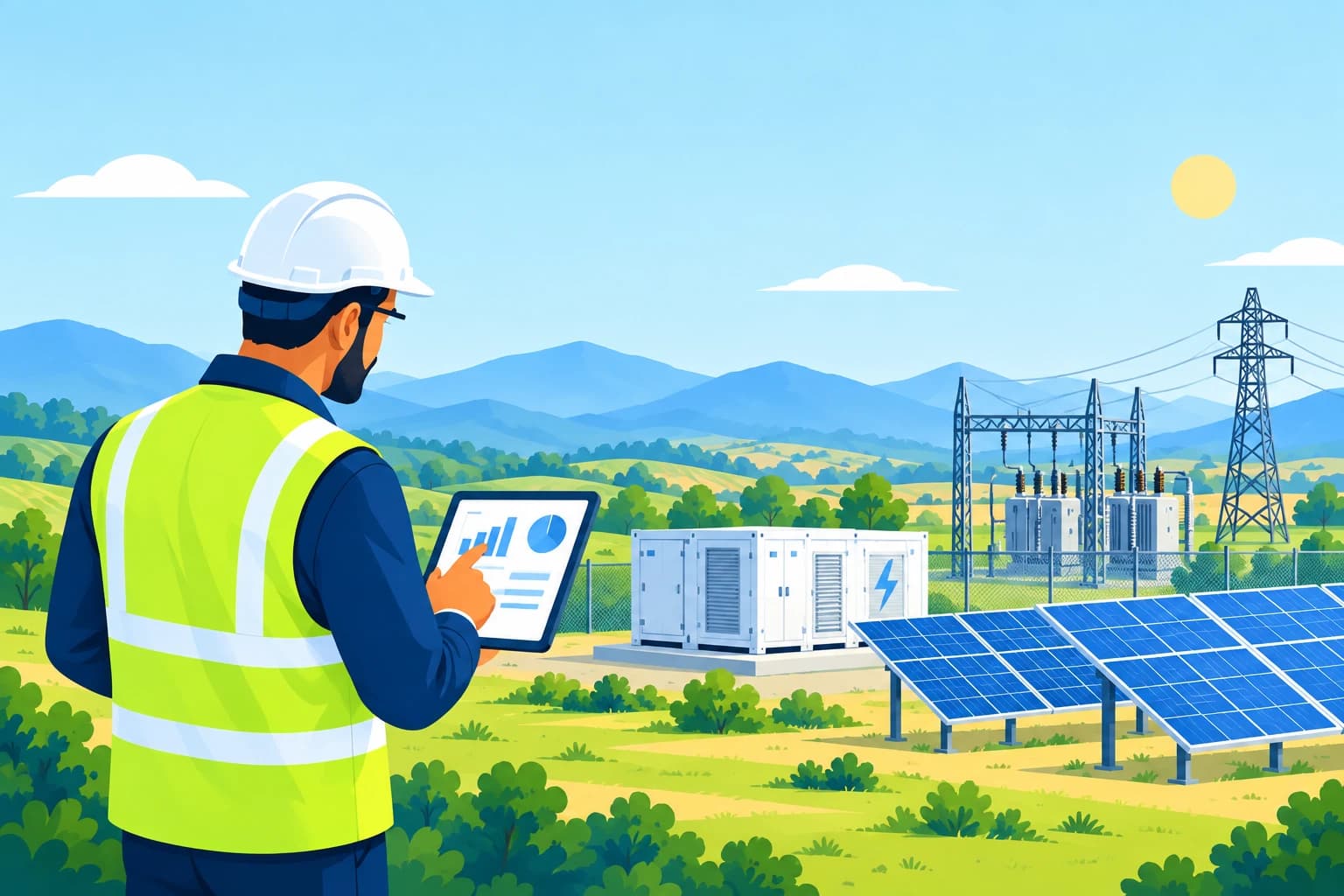 Illustration of an engineer with a tablet reviewing a solar array, battery storage and substation.