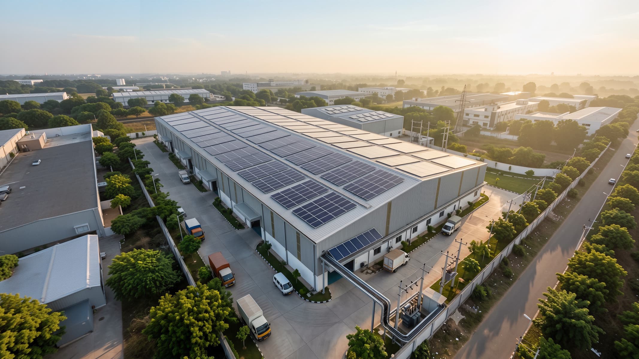 Aerial view of an industrial facility with a rooftop solar array.